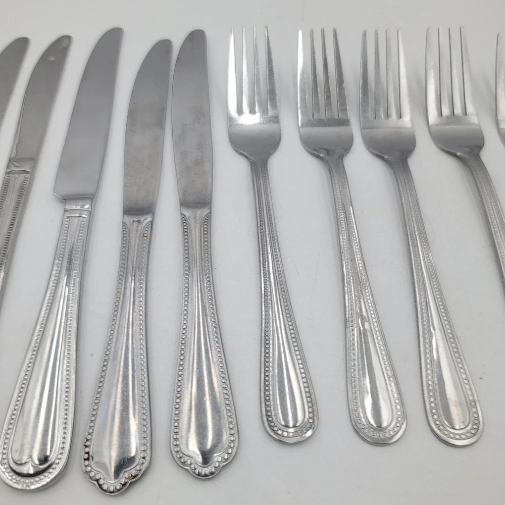 23 Pc Mixed Flatware Lot Stainless Steel Beaded Border Knives Forks Spoons
